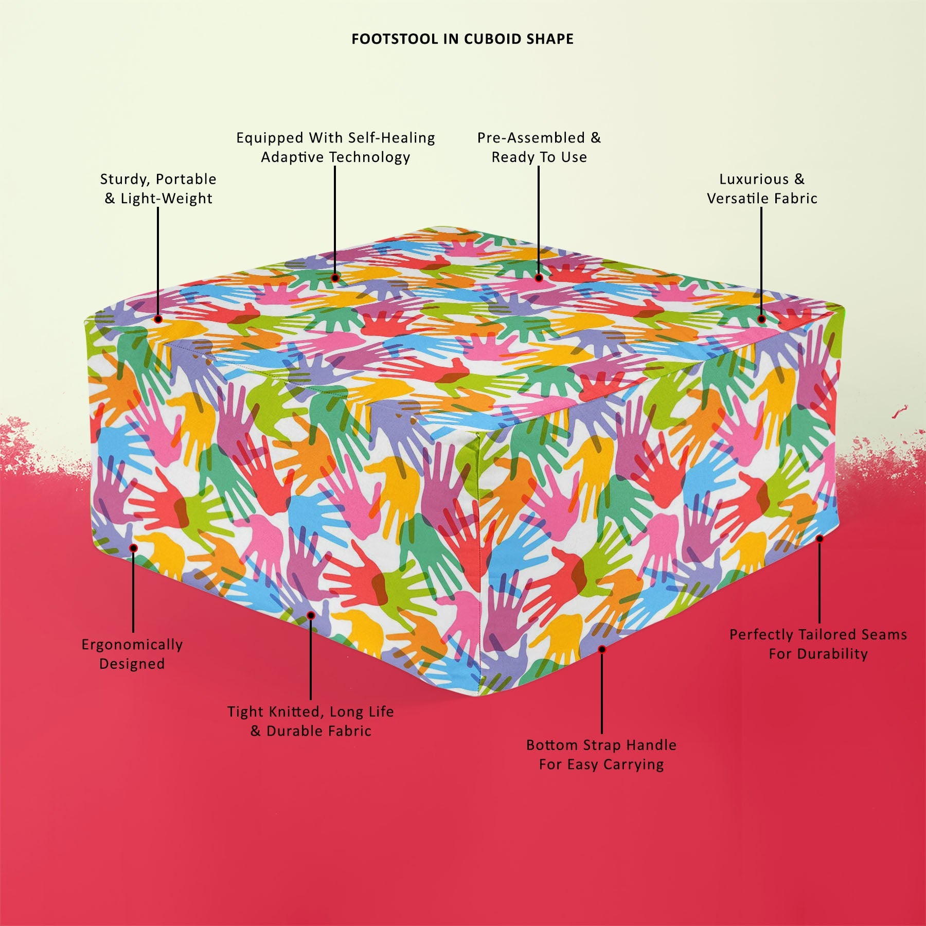 Handprint Footstool Footrest Puffy Pouffe Ottoman Bean Bag | Canvas Fabric