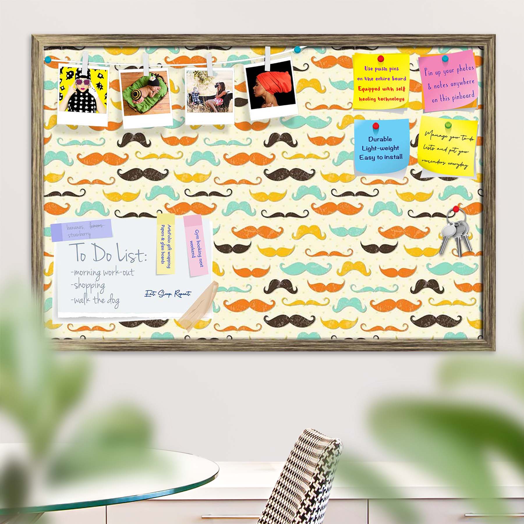 Vintage Mustache D2 Bulletin Board Notice Pin Board Soft Board | Framed