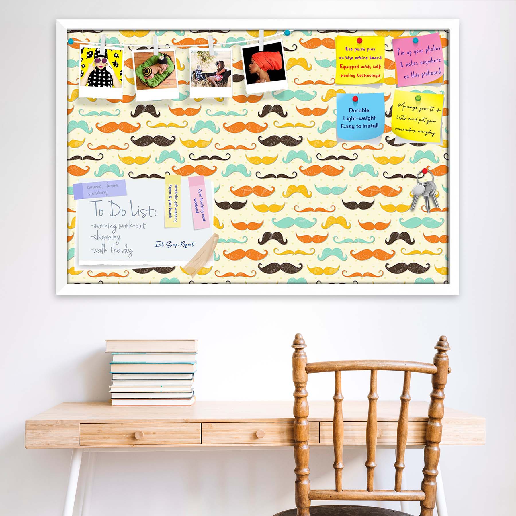 Vintage Mustache D2 Bulletin Board Notice Pin Board Soft Board | Framed