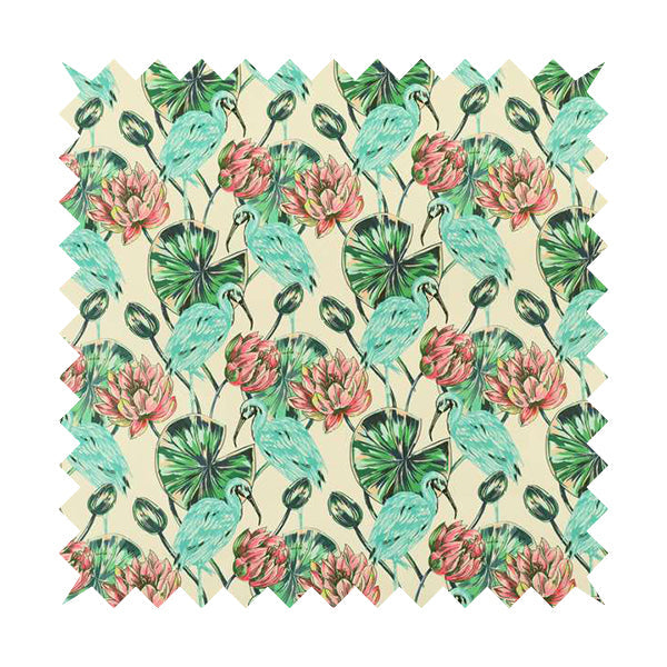 Freedom Printed Velvet Fabric Blue Heron Wetland Bird Pink Flower Pattern Upholstery Fabrics CTR-518 - Roman Blinds