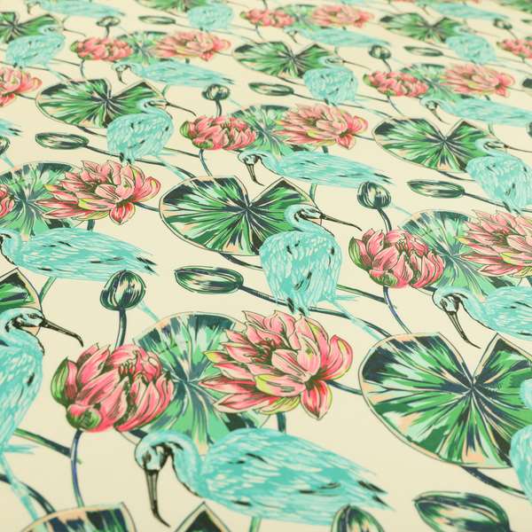 Freedom Printed Velvet Fabric Blue Heron Wetland Bird Pink Flower Pattern Upholstery Fabrics CTR-518 - Roman Blinds