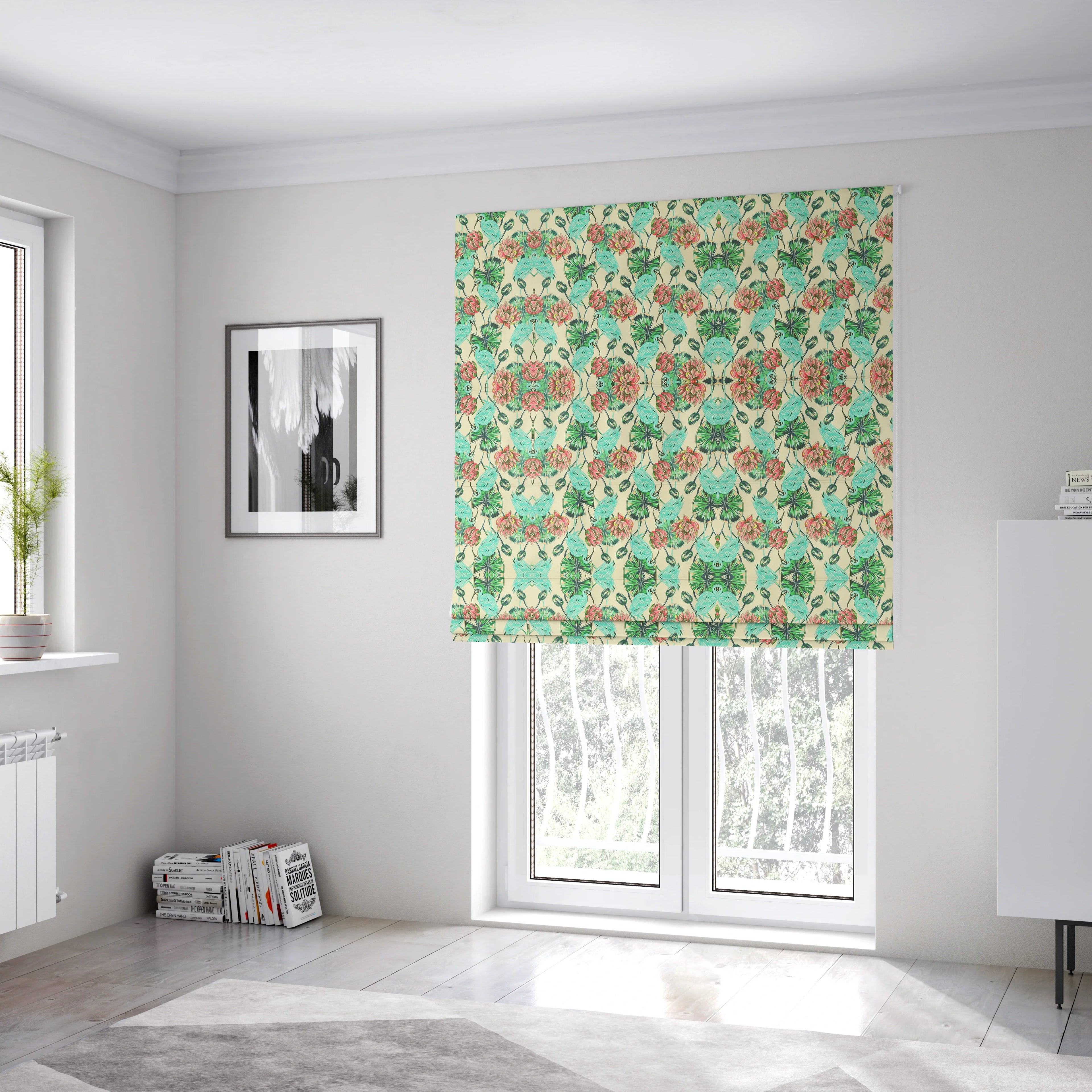 Freedom Printed Velvet Fabric Blue Heron Wetland Bird Pink Flower Pattern Upholstery Fabrics CTR-518 - Roman Blinds