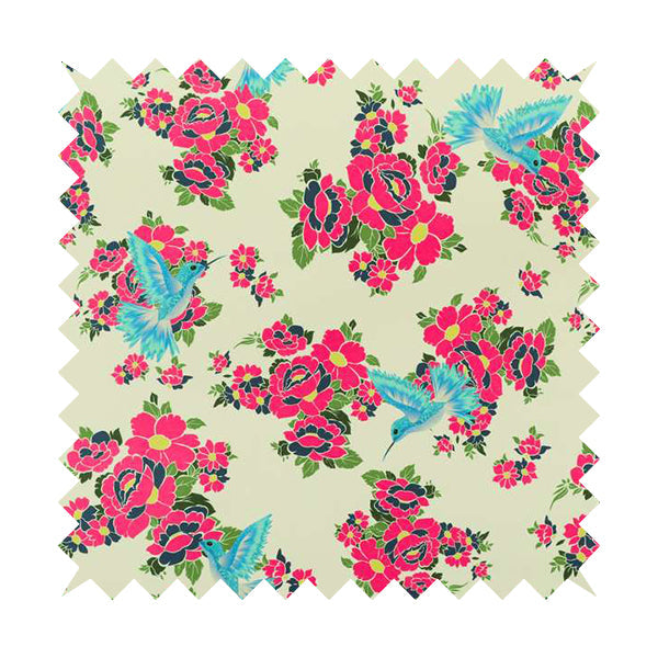 Freedom Printed Velvet Fabric Blue Kingfisher Bird Pink Floral Pattern Furnishing Fabric CTR-531 - Roman Blinds