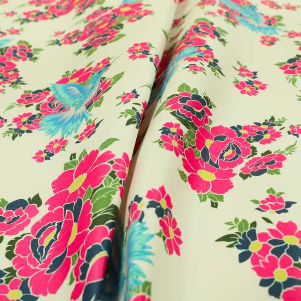 Freedom Printed Velvet Fabric Blue Kingfisher Bird Pink Floral Pattern Furnishing Fabric CTR-531 - Roman Blinds