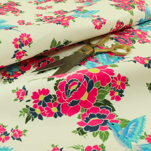 Freedom Printed Velvet Fabric Blue Kingfisher Bird Pink Floral Pattern Furnishing Fabric CTR-531 - Roman Blinds