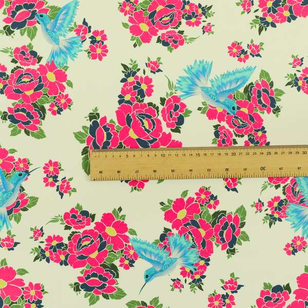 Freedom Printed Velvet Fabric Blue Kingfisher Bird Pink Floral Pattern Furnishing Fabric CTR-531 - Roman Blinds