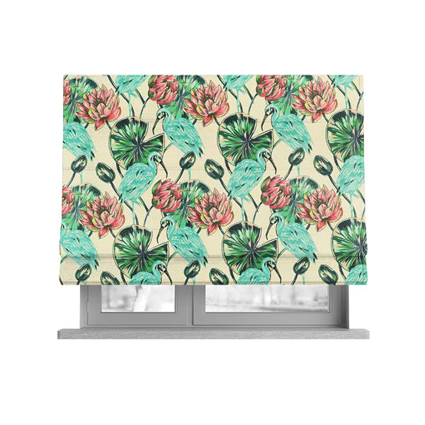 Freedom Printed Velvet Fabric Blue Heron Wetland Bird Pink Flower Pattern Upholstery Fabrics CTR-518 - Roman Blinds