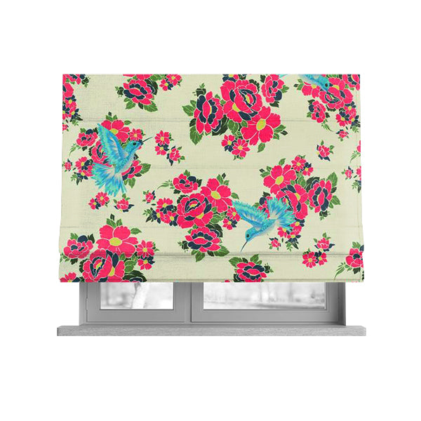 Freedom Printed Velvet Fabric Blue Kingfisher Bird Pink Floral Pattern Furnishing Fabric CTR-531 - Roman Blinds