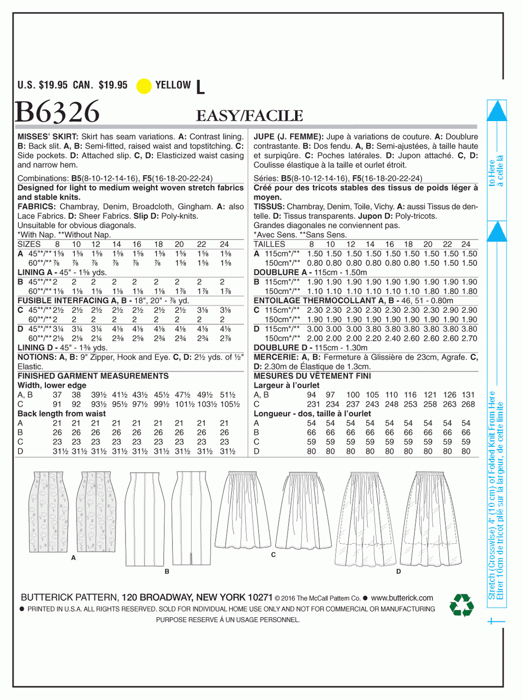 Butterick Pattern B6326 Misses' Raised-Waist or Elastic-Waist Skirts